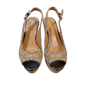 Coach Ferry Signature Logo Jacquard Cork Wedge Heel Peep Toe Slingback Sandals